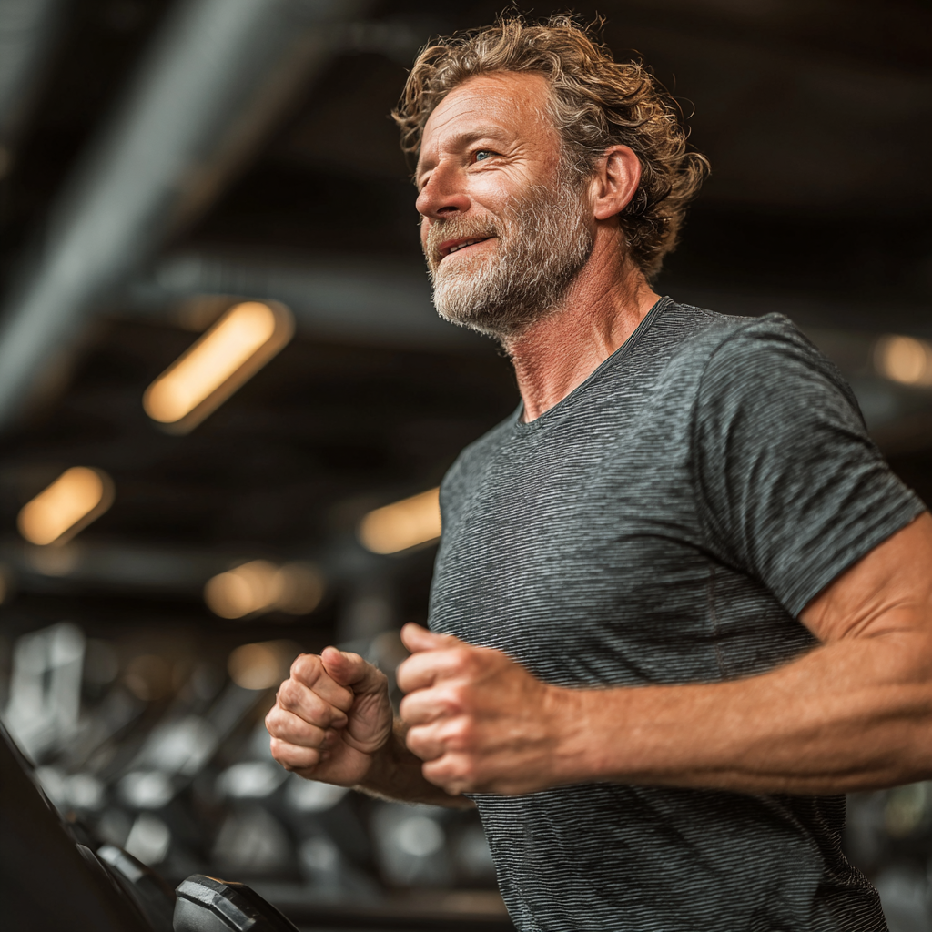 Чоловік 58 років виконує кардіо тренування на біговій доріжці в фітнес-залі