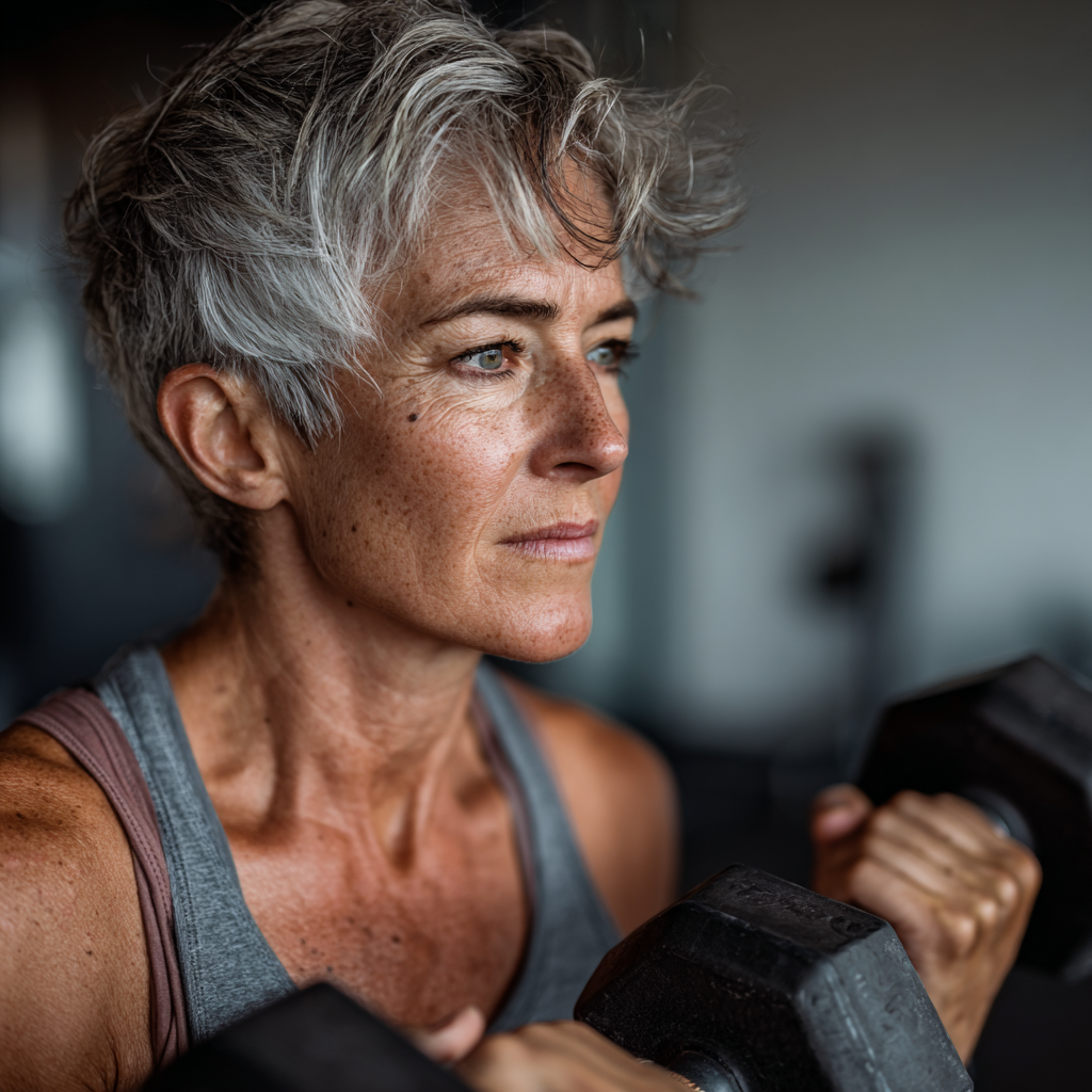 Активна жінка 55 років виконує силові вправи з гантелями в сучасному фітнес-залі