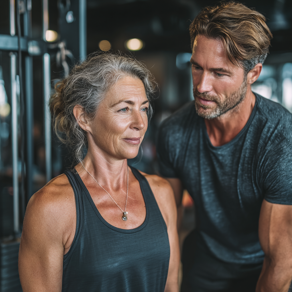 Тренер працює з жінкою 52 років на персональному тренуванні в залі